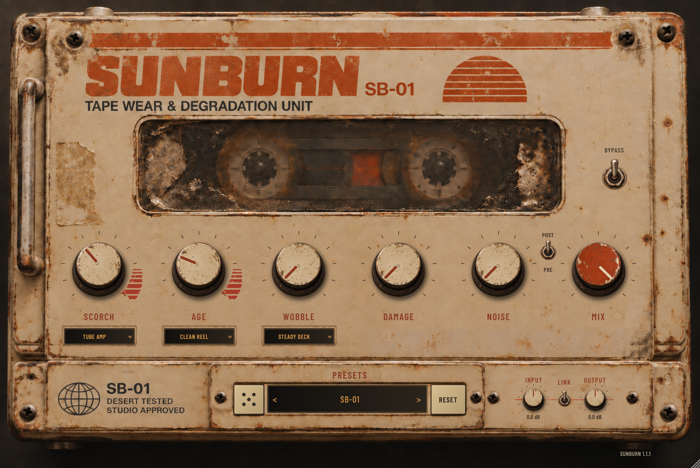 SUNBURN SB-01 v1.1.1 with independent SCORCH, AGE and WOBBLE selectors and preset navigation